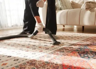 Professional vacuum cleaning of a patterned area rug in a bright living room