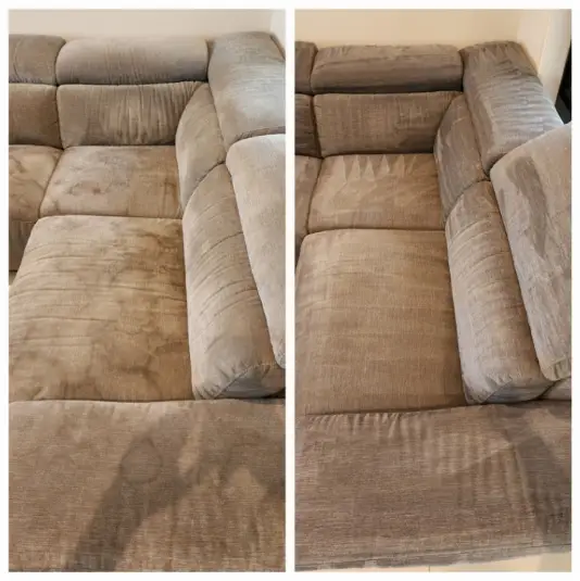 Before and after steam cleaning of a fabric couch – Zap and Shine upholstery results in Brisbane
